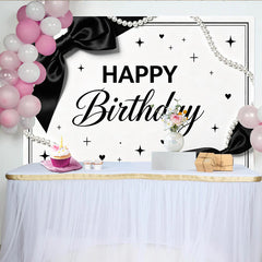 Lofaris Schwarz-weißer Happy Birthday Hintergrund mit Perlen und Schleifen, elegante Partydekoration für Fotoshooting
