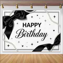 Lofaris Schwarz-weißer Happy Birthday Hintergrund mit Perlen und Schleifen, elegante Partydekoration für Fotoshooting