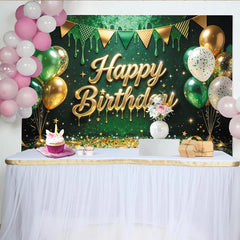 Lofaris Grün-goldener Happy Birthday Hintergrund mit Ballons und Glitzer, funkelnde Partydekoration für festliche Anlässe und Fotoshootings