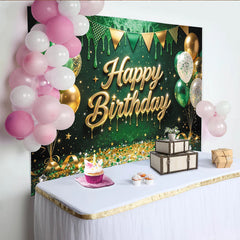 Lofaris Grün-goldener Happy Birthday Hintergrund mit Ballons und Glitzer, funkelnde Partydekoration für festliche Anlässe und Fotoshootings