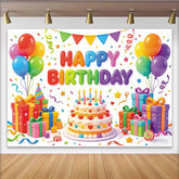 Lofaris Bunter Happy Birthday Hintergrund mit Luftballons und Torte, festliche Partydekoration für Kinder und Fotoshooting