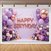 Lofaris Lila Roségold Happy Birthday Hintergrund mit Rosen und Ballons, elegante Fotowand für Mädchen und festliche Partydekoration