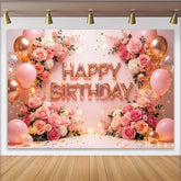 Lofaris Rosa Roségold Happy Birthday Hintergrund mit Blumen und Ballons für Mädchen, elegante Fotowand für Partydekoration und Fotoshooting