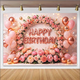 Lofaris Rosa Roségold Blumen-Geburtstagsfotohintergrund mit Happy Birthday Schriftzug, elegante Partydekoration für Mädchen und Fotoshooting