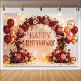 Lofaris Roségold Blumen Geburtstagshintergrund Happy Birthday, mit roten Rosen und glänzenden Luftballons, elegante Partykulisse