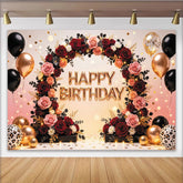Lofaris Eleganter Happy Birthday Fotohintergrund mit Rosen und goldenen Ballons, luxuriöse Partykulisse für festliche Anlässe