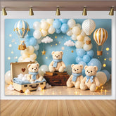 Lofaris Sanfter blauer Teddybär Babyparty Hintergrund mit Heißluftballons und Wolken, traumhafte Kulisse für Fotoshooting und Kinderzimmer