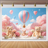 Lofaris Verträumter Heißluftballon Babyparty Hintergrund rosa blau, süße Teddybären Fotowand für Fotoshooting Dekoration
