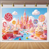 Lofaris Rosa Süßigkeitenland Geburtstagshintergrund mit Märchenschloss und Cupcakes, bunte Fotowand für Kinderparty Dekoration und Fotoshooting