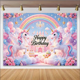 Lofaris Pastellfarbener Einhorn-Geburtstagshintergrund für Mädchen mit Regenbogen und Schloss, verträumte Fotowand für magische Partydekoration