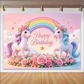 Lofaris Rosa Regenbogen Einhorn Geburtstagshintergrund für Mädchen mit Blumen und Happy Birthday, zauberhafte Fotowand für Partydekoration