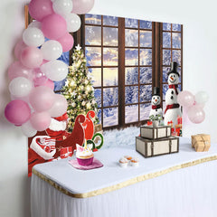 Lofaris Winterlicher Weihnachtshintergrund mit Schneemann, Weihnachtsbaum und Geschenken, gemütliche Fotokulisse für Winterparty