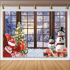 Lofaris Winterlicher Weihnachtshintergrund mit Schneemann, Weihnachtsbaum und Geschenken, gemütliche Fotokulisse für Winterparty