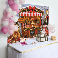 Lofaris Winterlicher Weihnachtsmarktstand Hintergrund mit Schnee, Heißgetränken und Geschenken, festliche Fotokulisse für Winterfotografie