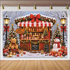 Lofaris Winterlicher Weihnachtsmarktstand Hintergrund mit Schnee, Heißgetränken und Geschenken, festliche Fotokulisse für Winterfotografie