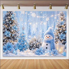 Lofaris Blauer Winterwunderland-Hintergrund mit Schneemann und Weihnachtsbäumen, festliche Kulisse für Weihnachtsfeier und Fotoshooting
