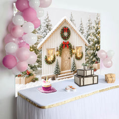 Lofaris Verschneiter Weihnachtshintergrund mit gemütlichem Haus und Tannenbäumen, festliche Winterkulisse für Familienfotos und Feiertagsdeko