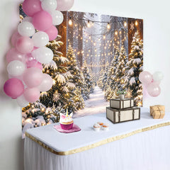 Lofaris Verschneiter Wald Weihnachts-Hintergrund mit funkelnden Lichterketten und Schneeflocken, festliche Winterlandschaft Kulisse für Party