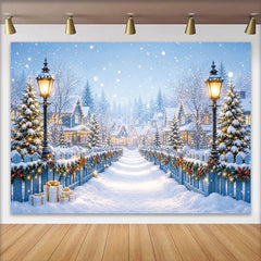 Lofaris Verschneiter Weihnachtsdorf Hintergrund mit Lichtern und Geschenken, magische Winterlandschaft Fotokulisse für festliche Dekoration
