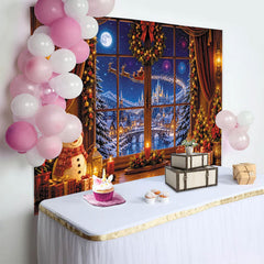 Lofaris Magischer Weihnachts-Hintergrund mit Schneemann und Winterfensterblick, festliche Fotokulisse für Familienfeiern und Winterpartys
