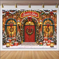 Lofaris Santas Laden Weihnachtshintergrund mit Schnee und Lichterketten, festliche Kulisse für Familienfotos und Winterdekoration