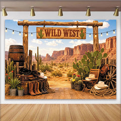 Lofaris Rustikaler Western Fotohintergrund mit Wüstenlandschaft Kakteen und Holz, authentische Kulisse für Fotoshootings und Eventdekoration