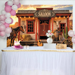 Lofaris Rustikaler Wildwest-Saloon Hintergrund mit Pferd und Kaktus, Wüstenlandschaft Fotokulisse für Cowboy-Party und Fotoshooting
