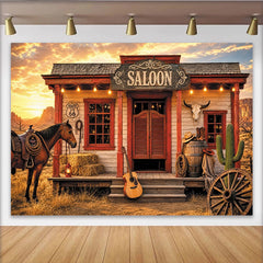 Lofaris Rustikaler Wildwest-Saloon Hintergrund mit Pferd und Kaktus, Wüstenlandschaft Fotokulisse für Cowboy-Party und Fotoshooting