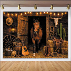 Lofaris Rustikaler Western Scheunen Hintergrund mit Pferd und Cowboy-Elementen, Vintage Fotokulisse für Fotoshooting