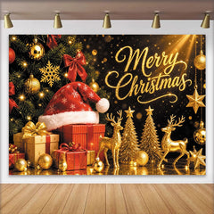 Lofaris Goldener Glitzer Weihnachts-Hintergrund mit Weihnachtsmannmütze, festliche Kulisse für Fotoshooting und Partydekoration
