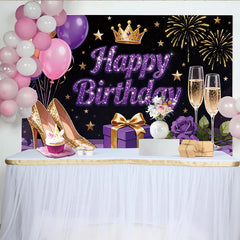 Lofaris Lila Glitzer Happy Birthday Hintergrund mit Krone und Ballons für Frauen, elegante Fotowand für festliche Anlässe und glamouröse Partys