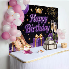 Lofaris Lila Glitzer Happy Birthday Hintergrund mit Krone und Ballons für Frauen, elegante Fotowand für festliche Anlässe und glamouröse Partys