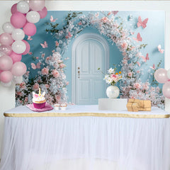 Lofaris Romantischer Blumen-Schmetterlings-Tür-Fotohintergrund in Hellblau, elegante Kulisse für Fotoshooting und Eventdekoration
