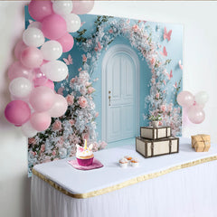 Lofaris Romantischer Blumen-Schmetterlings-Tür-Fotohintergrund in Hellblau, elegante Kulisse für Fotoshooting und Eventdekoration