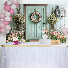 Lofaris Frühlingslandschaft Fotohintergrund mit mintgrüner Holztür und Blumenkranz, idyllische Kulisse für Fotoshootings und Eventdekoration