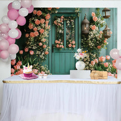 Lofaris Blumen-Tür-Fotohintergrund mit rosa Rosen und Tulpen, elegante Kulisse für Frühlings-Fotoshootings und Garten-Dekoration