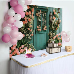 Lofaris Blumen-Tür-Fotohintergrund mit rosa Rosen und Tulpen, elegante Kulisse für Frühlings-Fotoshootings und Garten-Dekoration