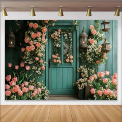 Lofaris Blumen-Tür-Fotohintergrund mit rosa Rosen und Tulpen, elegante Kulisse für Frühlings-Fotoshootings und Garten-Dekoration
