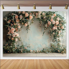 Lofaris Zartrosa Blumen Fotohintergrund mit eleganten Rosen und Blättern, romantische Kulisse für Hochzeits- und Porträtfotografie