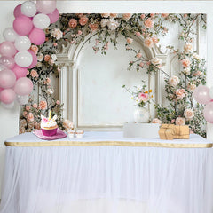 Lofaris Eleganter Blumen Fotohintergrund mit rosa Rosen und weißem Bogen, romantische Fotokulisse für Porträts und Events
