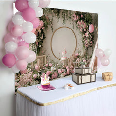 Lofaris Zarter rosa Blumen-Geburtstagshintergrund für Mädchen mit goldenem Bogen, elegante Fotokulisse für Babyparty und Fotoshootings