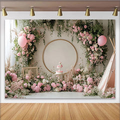 Lofaris Zarter rosa Blumen-Geburtstagshintergrund für Mädchen mit goldenem Bogen, elegante Fotokulisse für Babyparty und Fotoshootings