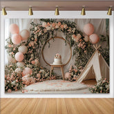 Lofaris Rosa und weiße Blumen auf Vintage-Holzfotohintergrund, rustikaler Wandteppich für Porträtfotografie und Fotostudio