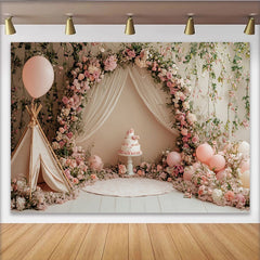 Lofaris Rosa Blumen Geburtstagshintergrund für Mädchen mit Zelt und Ballons, elegante Fotokulisse für Babyparty und Fotoshootings