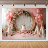 Lofaris Rosa Blumen Geburtstagshintergrund mit Luftballons und Tipi-Zelten, zarte Fotokulisse für Mädchen und Babyparty Fotoshooting