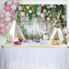 Lofaris Märchenhafter Garten Fotohintergrund mit Teepees und Pastellblumen, idyllische Kulisse für Baby- und Kinderfotografie