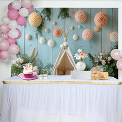 Lofaris Boho Fotohintergrund mit Tipi-Zelt und Wabenbällen für Kinder, sanfte Kulisse in Holzoptik für Baby- und Kinderfotoshootings