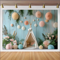 Lofaris Boho Fotohintergrund mit Tipi-Zelt und Wabenbällen für Kinder, sanfte Kulisse in Holzoptik für Baby- und Kinderfotoshootings