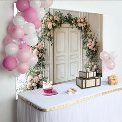 Lofaris Eleganter rosa Blumen-Hochzeitshintergrund mit Rosen und Pfingstrosen, romantische Kulisse für Verlobungsfeier und Fotoshooting