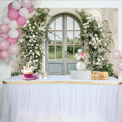 Lofaris Rustikaler Blumen-Tür-Fotohintergrund mit weißen Rosen und Eukalyptus, elegante Kulisse für Hochzeitsfotoshootings
